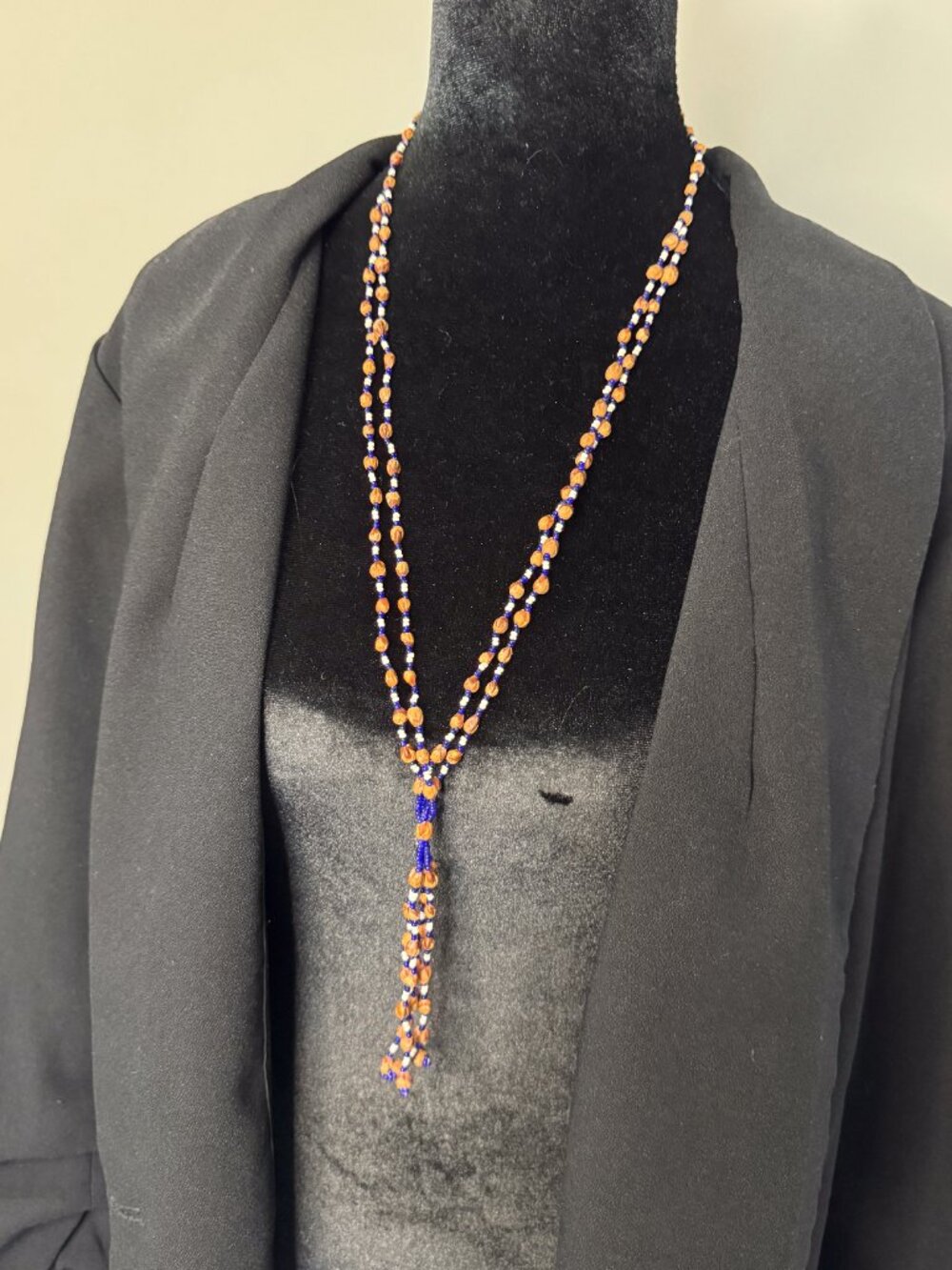 Vintage Multi Strand Natural Seed Bead Lariat Necklace Blue Boho Folk Art - Picture 2 of 6